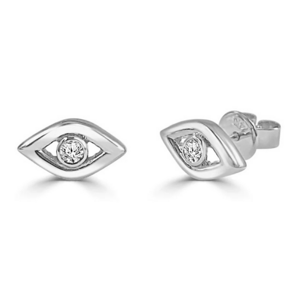 14K Diamond Accented Evil Eye Stud Earrings - Dallas TX | Mariloff Diamonds. Available in white, yellow & rose gold.