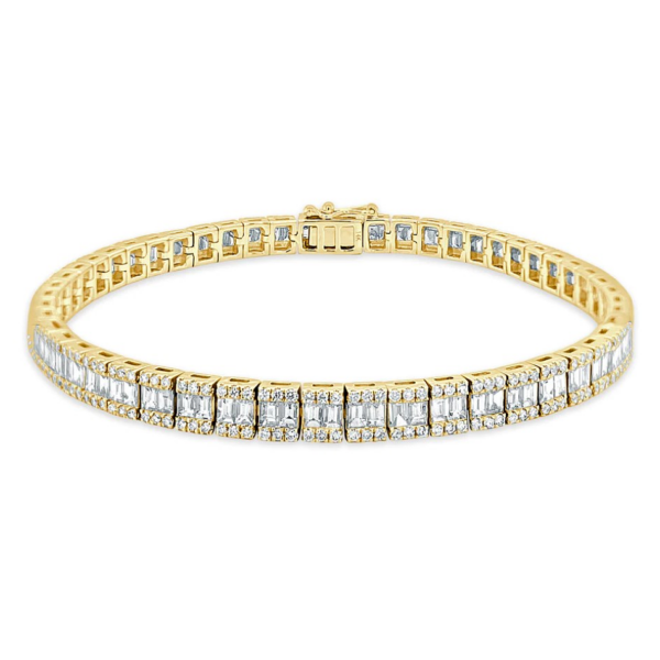 14K Yellow Gold Baguette and Round Diamond Tennis Bracelet - 4.15ctw | Dallas TX