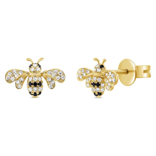 14K Yellow Gold Black Diamond Bumble Bee Stud Earrings - Dallas TX