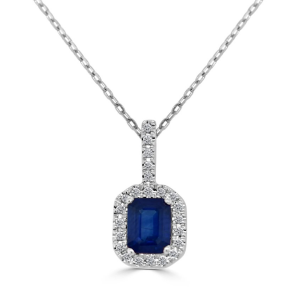 14K White Gold Emerald Cut Blue Sapphire Diamond Halo Pendant - Dallas TX