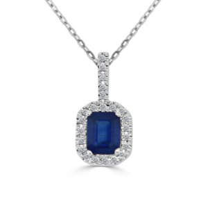 14K Emerald Cut Blue Sapphire Diamond Halo Necklace - Dallas TX | Mariloff Diamonds