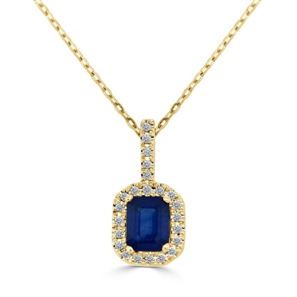 14K Yellow Gold Emerald-Cut Blue Sapphire Diamond Halo Necklace - Dallas TX