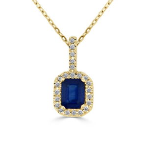 14K Gold Emerald-Cut Blue Sapphire Diamond Halo Pendant Necklace - Dallas TX