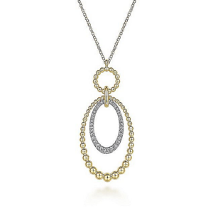 14K Gold Two-Tone Beaded Oval Diamond Pendant Necklace - Dallas TX