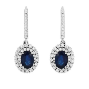14K Gold Oval Blue Sapphire Diamond Halo Huggie Drop Earrings - Dalllas TX