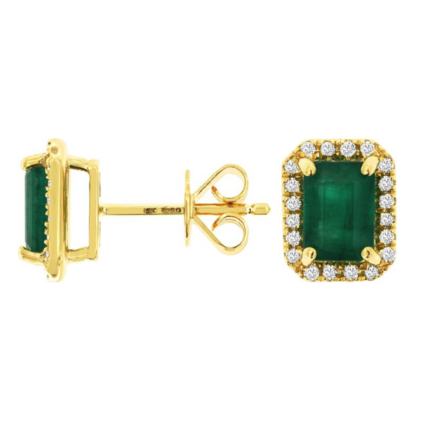 14K Gold Diamond Halo Emerald-Cut Green Emerald Stud Earrings - Dallas TX