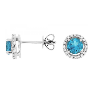 14K White Gold Diamond Halo Round Blue Topaz Stud Earrings - Dallas TX