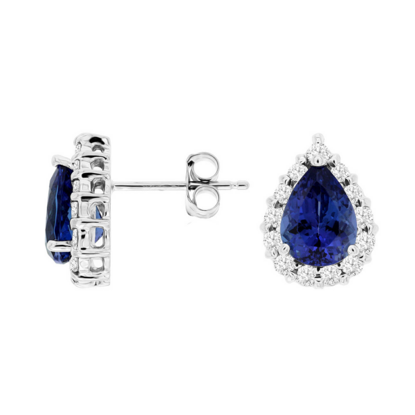 14K Gold Diamond Halo Pear-Cut Tanzanite Stud Earrings - Dallas TX