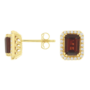 14K Gold Emerald-Cut Garnet Diamond Halo Earrings at Mariloff Diamonds & Fine Jewelry in Dallas TX