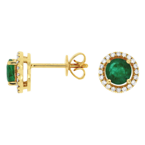 14K Yellow Gold Diamond Halo Round Green Emerald Stud Earrings - Dallas TX