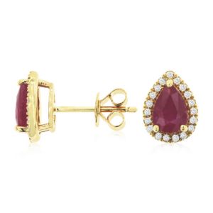 14K Yellow Gold Diamond Halo Pear-Cut Ruby Gemstone Stud Earrings - Dallas