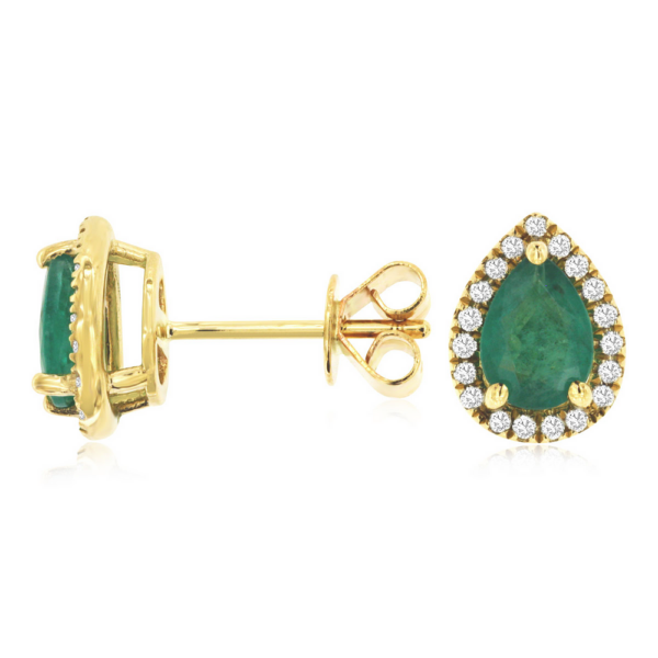 14K Yellow Gold Classic Diamond Halo Pear-Cut Green Emerald Stud Earrings - Dallas TX