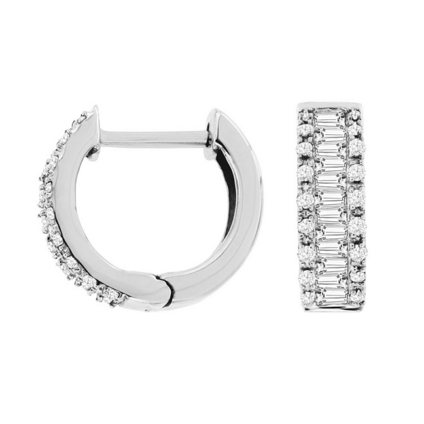 14K White Gold Baguette and Round Diamond Hinged Huggie Earrings - Dallas TX