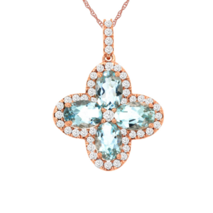 14K Rose Gold Aquamarine Diamond Halo Clover Pendant Necklace - Dallas TX
