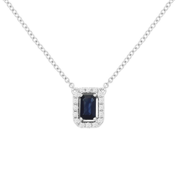 14K White Gold Emerald-Cut Sapphire Diamond Halo Pendant Necklace - Dallas TX