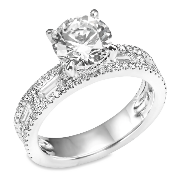 14K Wide-Band Baguette & Round Diamond Engagement Ring - Dallas TX