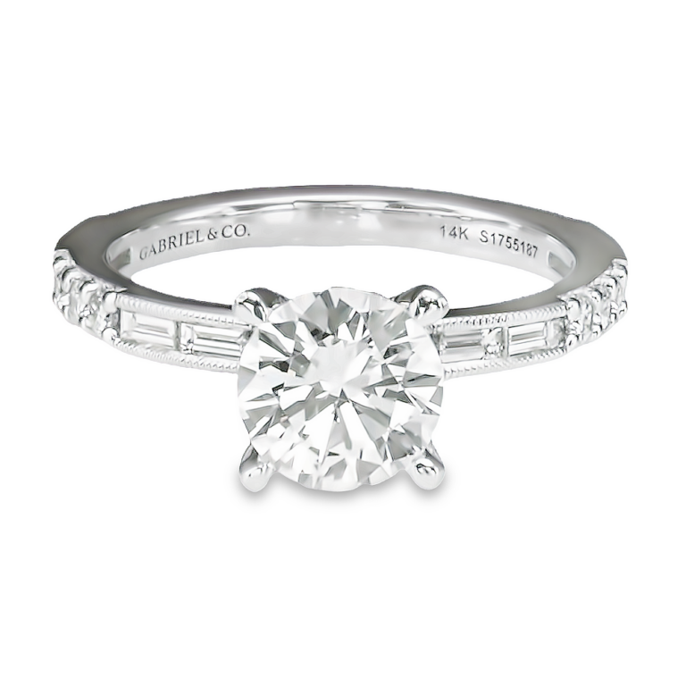 14K Gold Alternating Baguette and Round Diamond Engagement Ring Mounting Engagement Rings 6