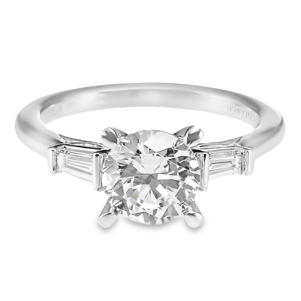 14K White Gold Three-Stone Claw Prong Tapered Baguette Cathedral Round Brilliant Diamond Engagement Ring - Dallas | Mariloff Diamonds