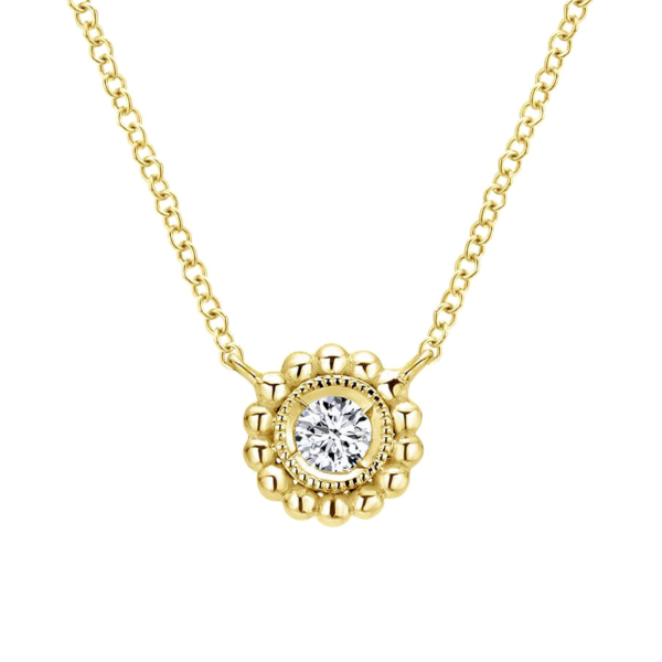 14K Yellow Gold Beaded Round Bezel Set Diamond Pendant Necklace - Dallas TX