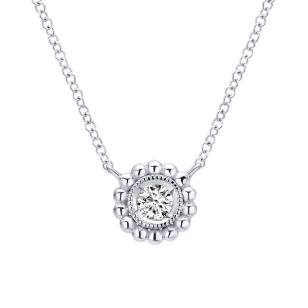 14K White Gold Beaded Round Bezel Set Diamond Pendant Necklace - Dallas TX