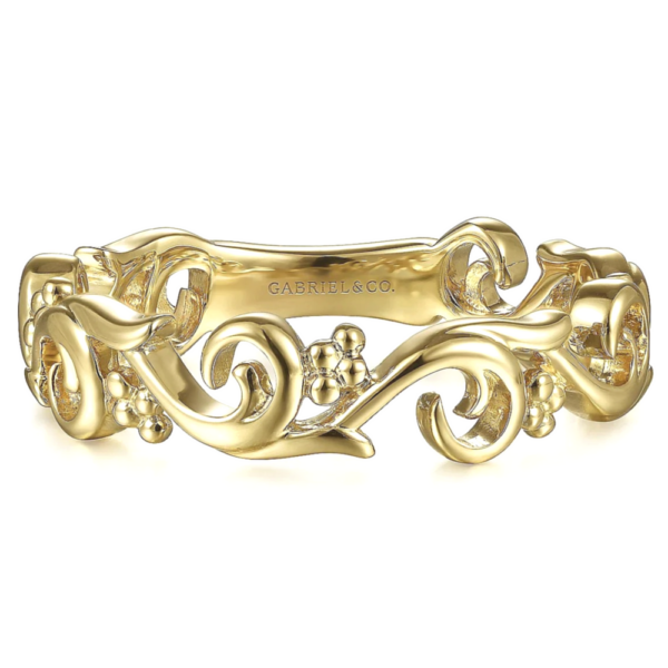 14K Gold Bead Accented Scrolling Floral Stackable Band - Dallas TX