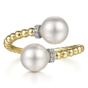 14K Gold Diamond Accented Pearl Bypass Fashion Ring at Mariloff Diamonds & Fine Jewelry in Dallas TX