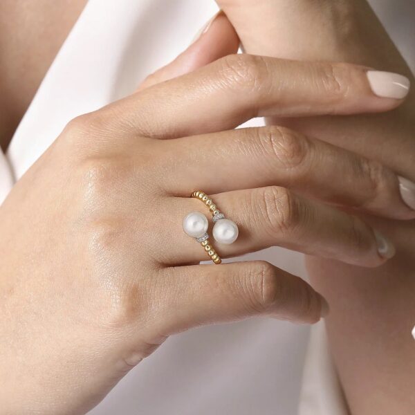 14K Two-Tone Gold Diamond Accented Pearl Bypass Fashion Ring on hand - Dallas