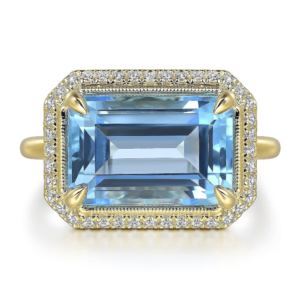 14K Gold Emerald Cut Blue Topaz Diamond Halo Fashion Ring - Dallas TX