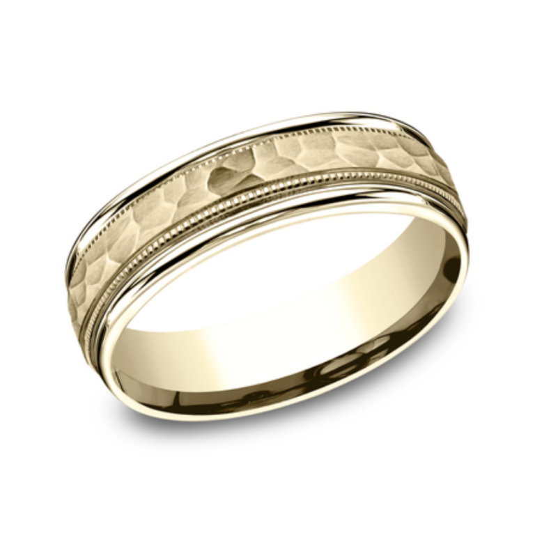 14K Gold 6.5mm – Hammer Milgrain Men’s Wedding Band Benchmark 17