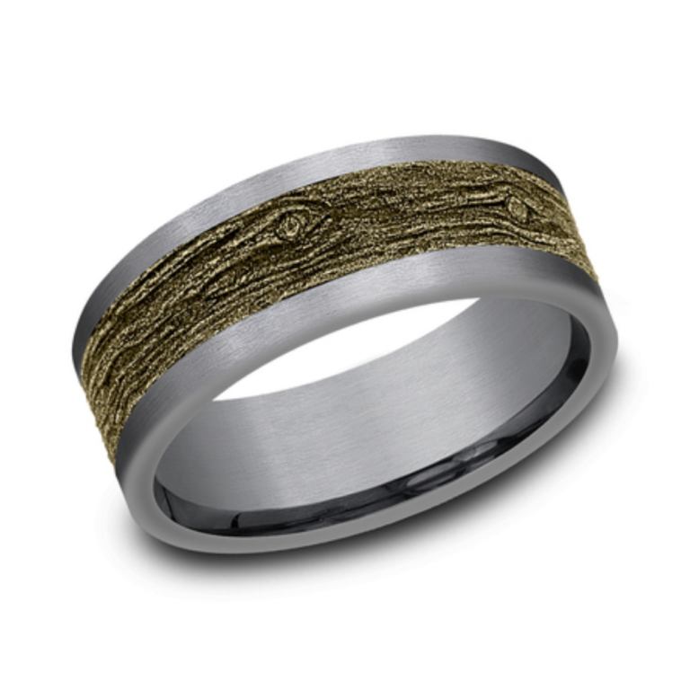 14K Gold and Tantalum 8mm – Wood Pattern Men’s Wedding Band Ammara Stone 18