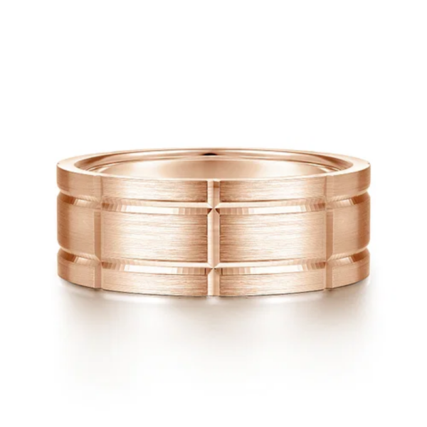 14K Gold 8mm - Satin Checkered Pattern Men's Wedding Band