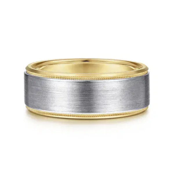 14K Two-Tone Gold 8mm - Satin Finish Milgrain Beveled Men's Wedding Band - Image 5