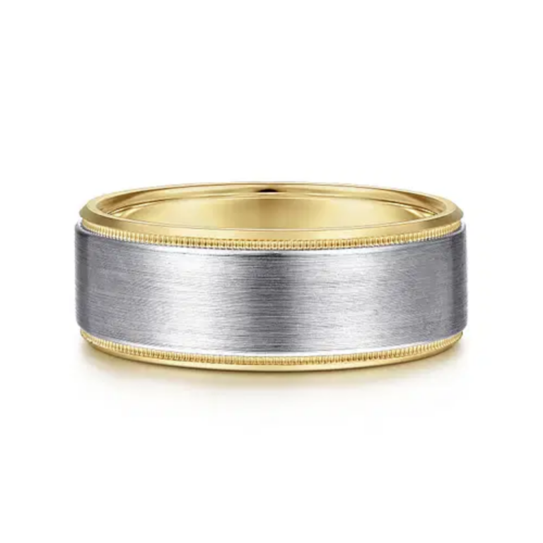 14K Two-Tone Gold 8mm – Satin Finish Milgrain Beveled Men’s Wedding Band Gabriel 18