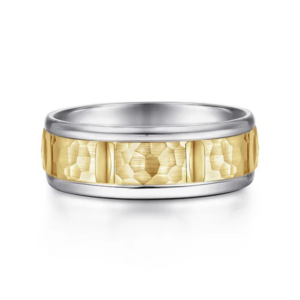 14K Two-Tone Gold 7mm - Hammered Station Men's Wedding Band