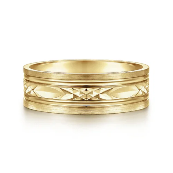 14K Gold 7mm - Satin Finish Diamond Cut Men's Wedding Band - Image 5