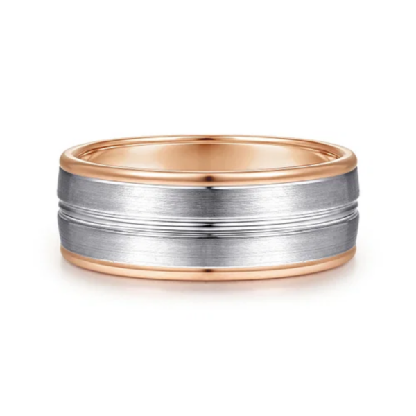 14K Two-Tone Gold 8mm - Satin Finish Grooved Channel Men's Wedding Band