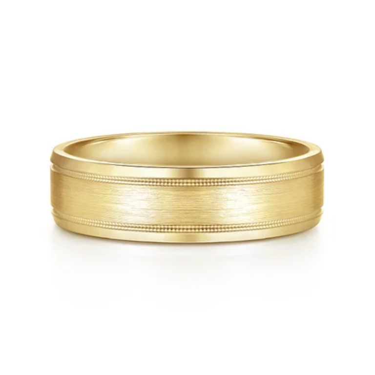 14K Gold 6mm – Satin Finish Milgrain Accent Men’s Wedding Band Gabriel 18