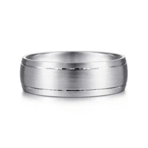 14K Gold 7mm - Satin Finish Grooved Accents Men's Wedding Band
