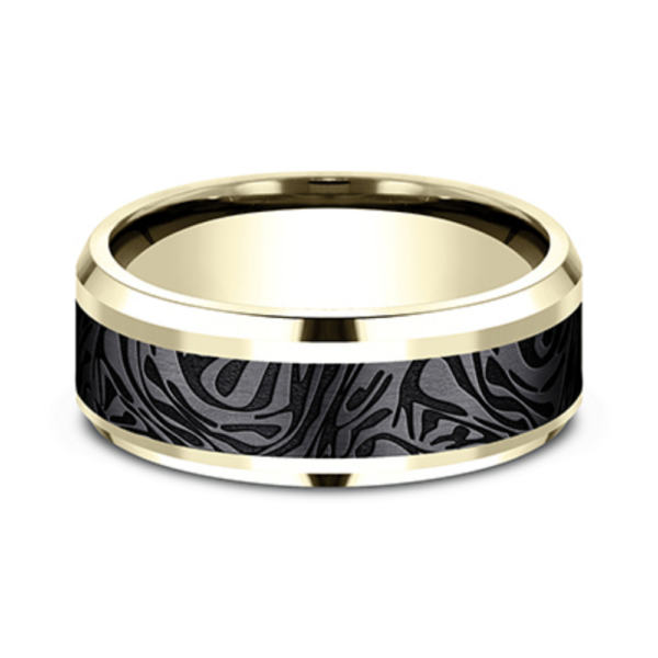 14K Gold and Black Titanium 8mm - Mokume Men's Wedding Band