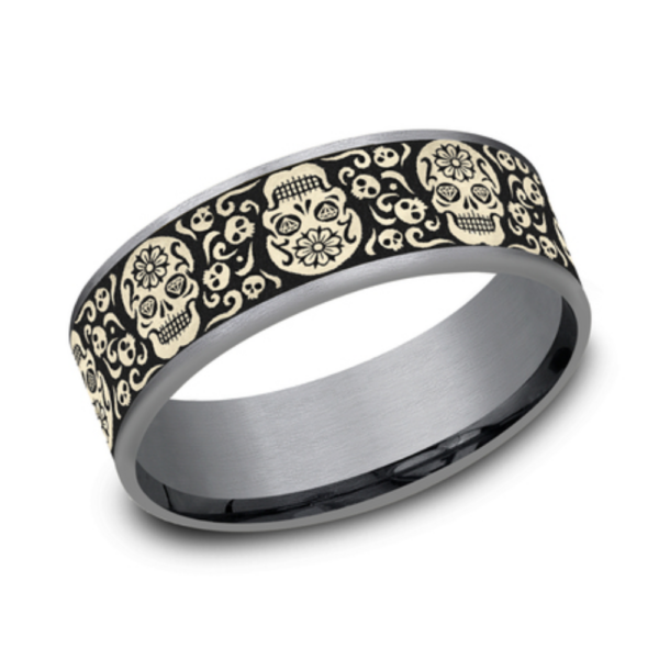 14K Gold and Tantalum 7.5mm - Skull Men's Wedding Band - Image 2
