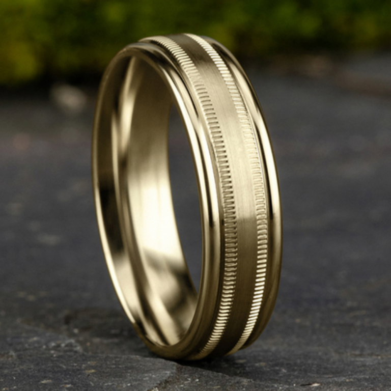 14K Gold 6.5mm – Satin Milgrain Men’s Wedding Band Benchmark 18