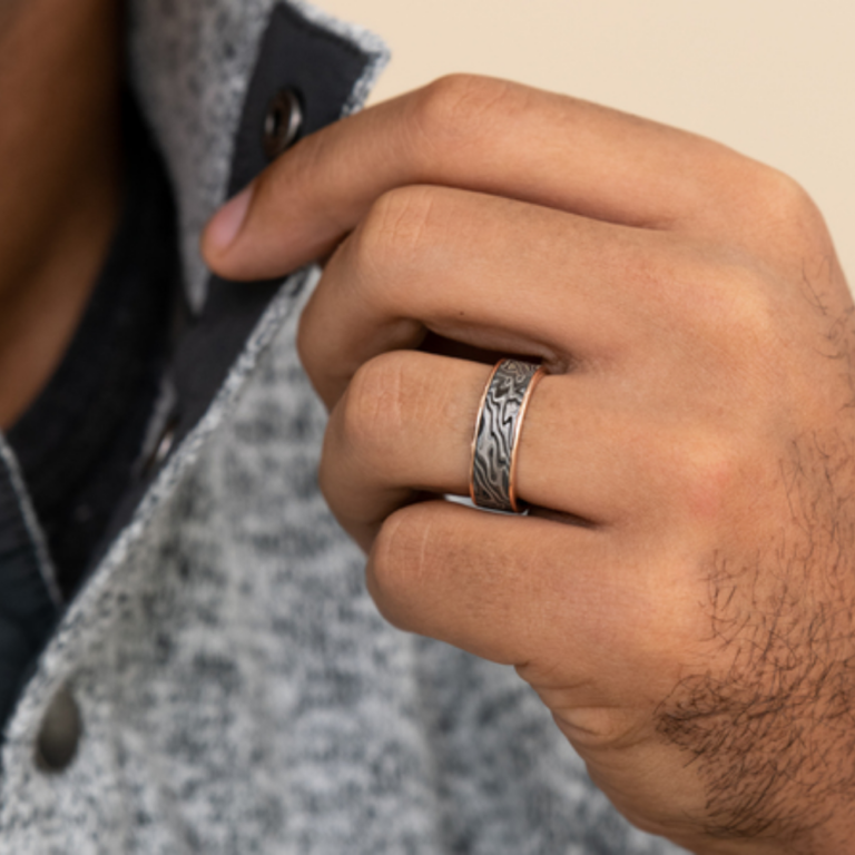 14K Gold and Tantalum 7.5mm – Mokume Men’s Wedding Band Ammara Stone 48