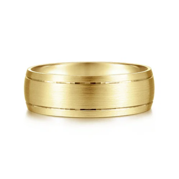 14K Gold 7mm - Satin Finish Grooved Accents Men's Wedding Band - Image 9