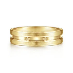 14K Gold 6mm - Satin Finish Carved Accents Men's Wedding Band