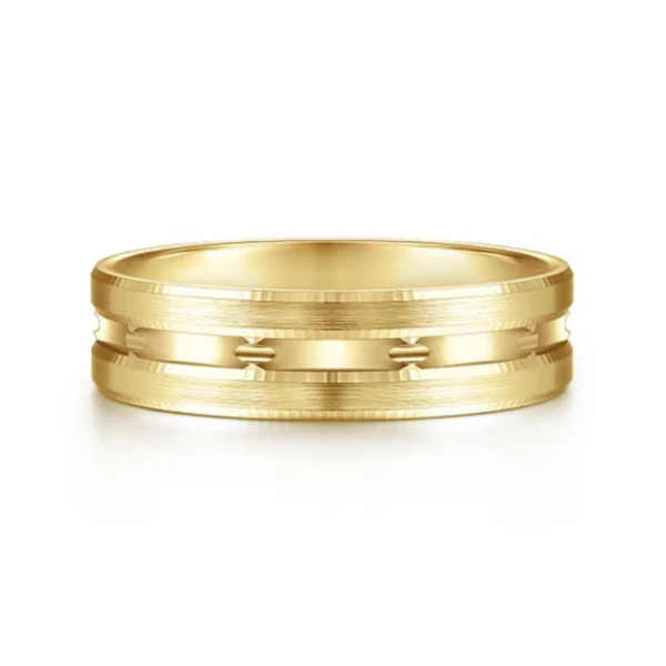 14K Gold 6mm - Satin Finish Carved Accents Men's Wedding Band
