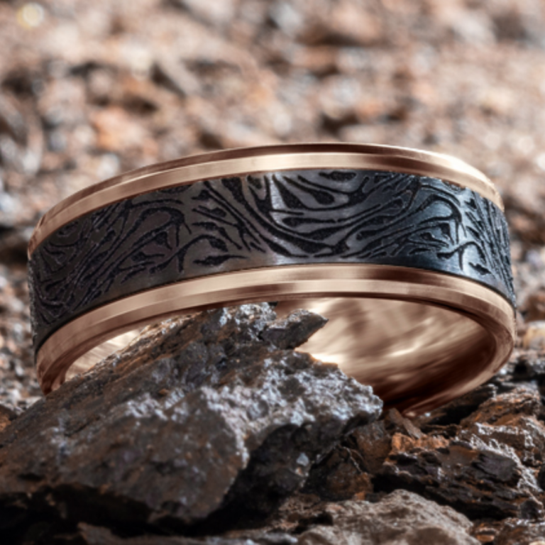14K Gold and Black Titanium 8mm – Mokume Men’s Wedding Band Benchmark 16