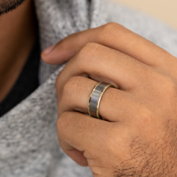 14K Gold and Tantalum 7mm - Satin Beveled Men's Wedding Band - Image 12