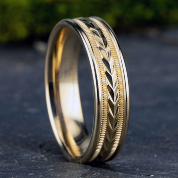 14K Gold 6.5mm - Wheat Milgrain Men's Wedding Band - Image 6