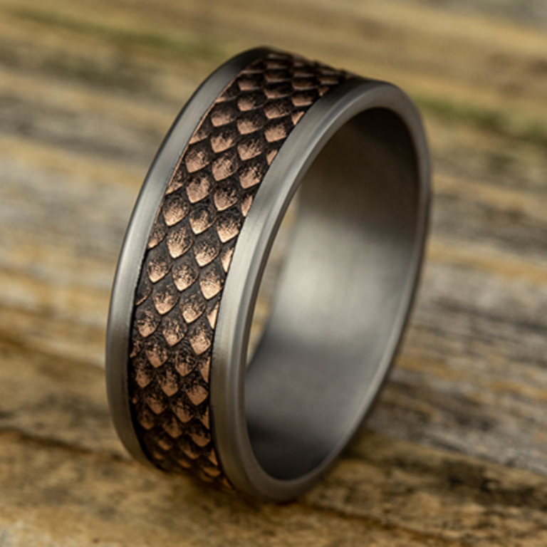14K Gold and Tantalum 8mm – Dragon Scale Men’s Wedding Band Ammara Stone 23