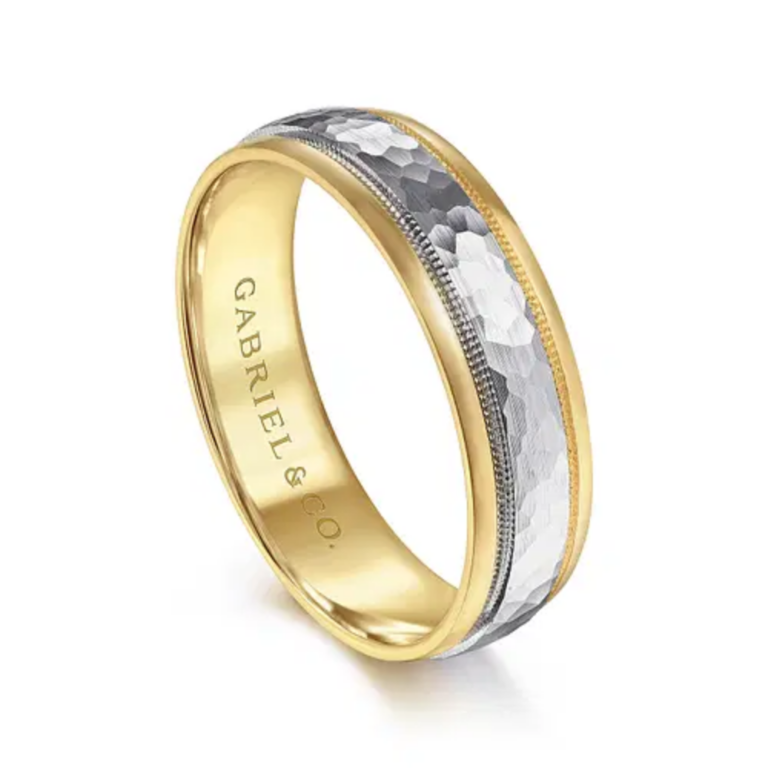 14K Two-Tone Gold 6mm – Hammered Finish Milgrain Men’s Wedding Band Gabriel 15
